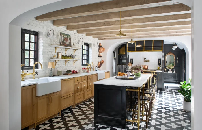 Black island with marble countertop